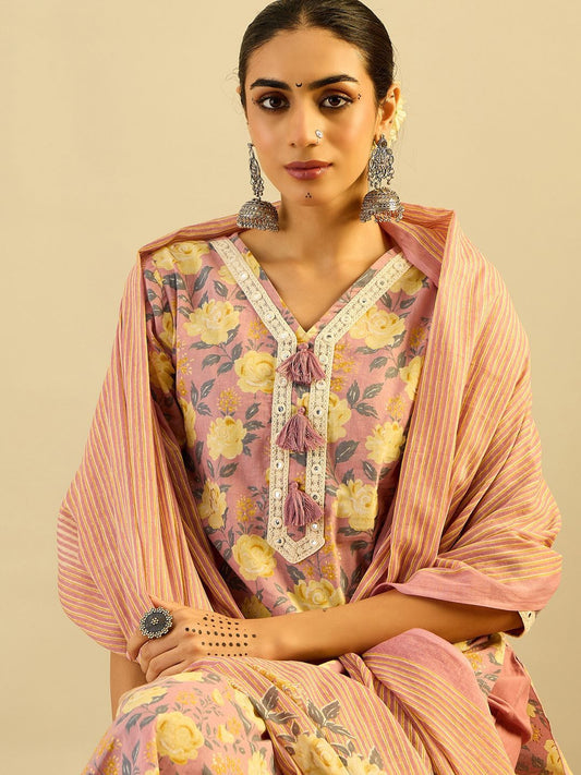 Dhiyona IE Floral Printed Pure Cotton Kurta With Trousers & Dupatta