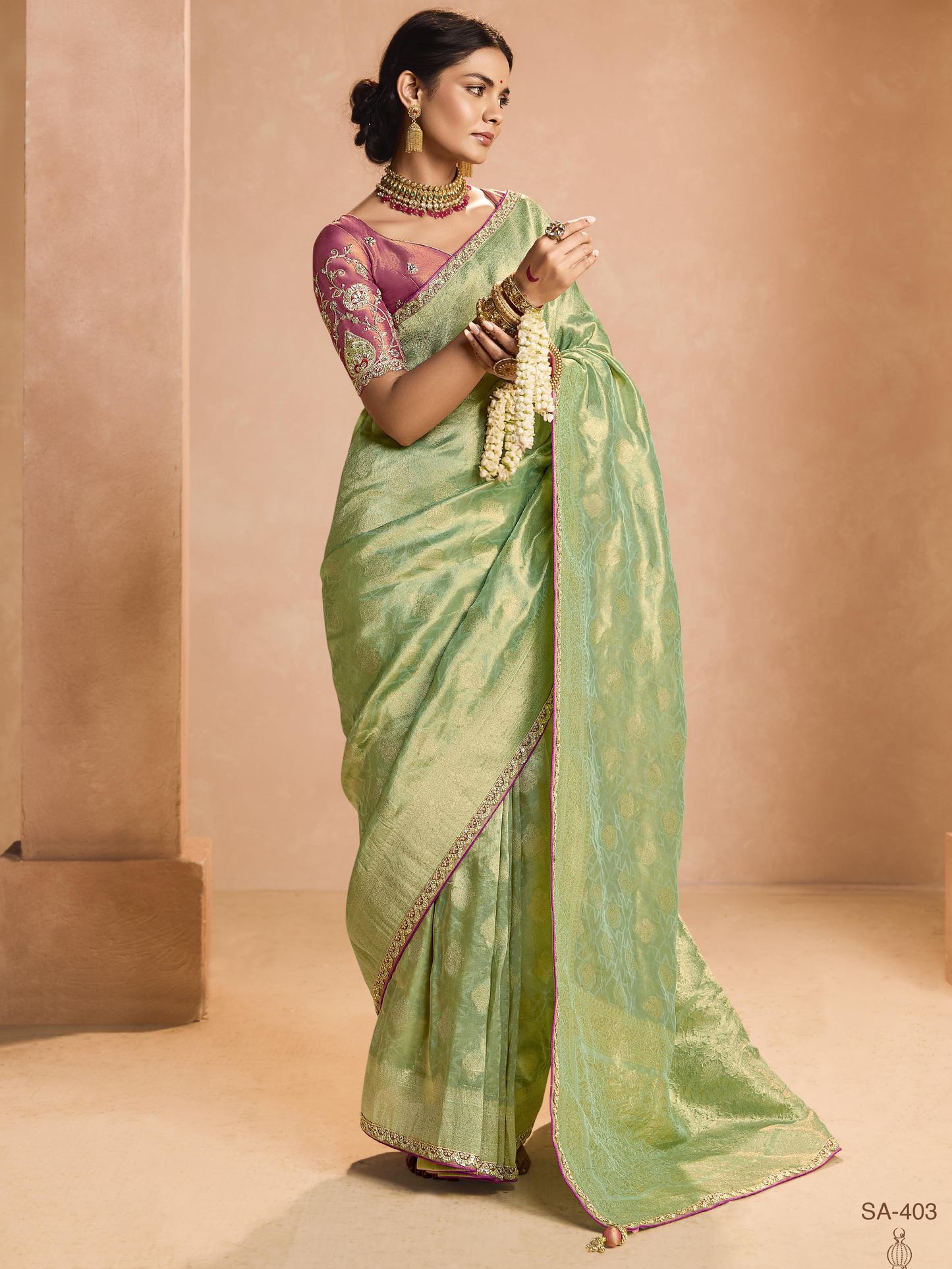 Dhiyona KM Women Mint Green Kanjivaram Silk Saree With Wine Embroidered Blouse “ Perfect For Weddings & Festive Wear