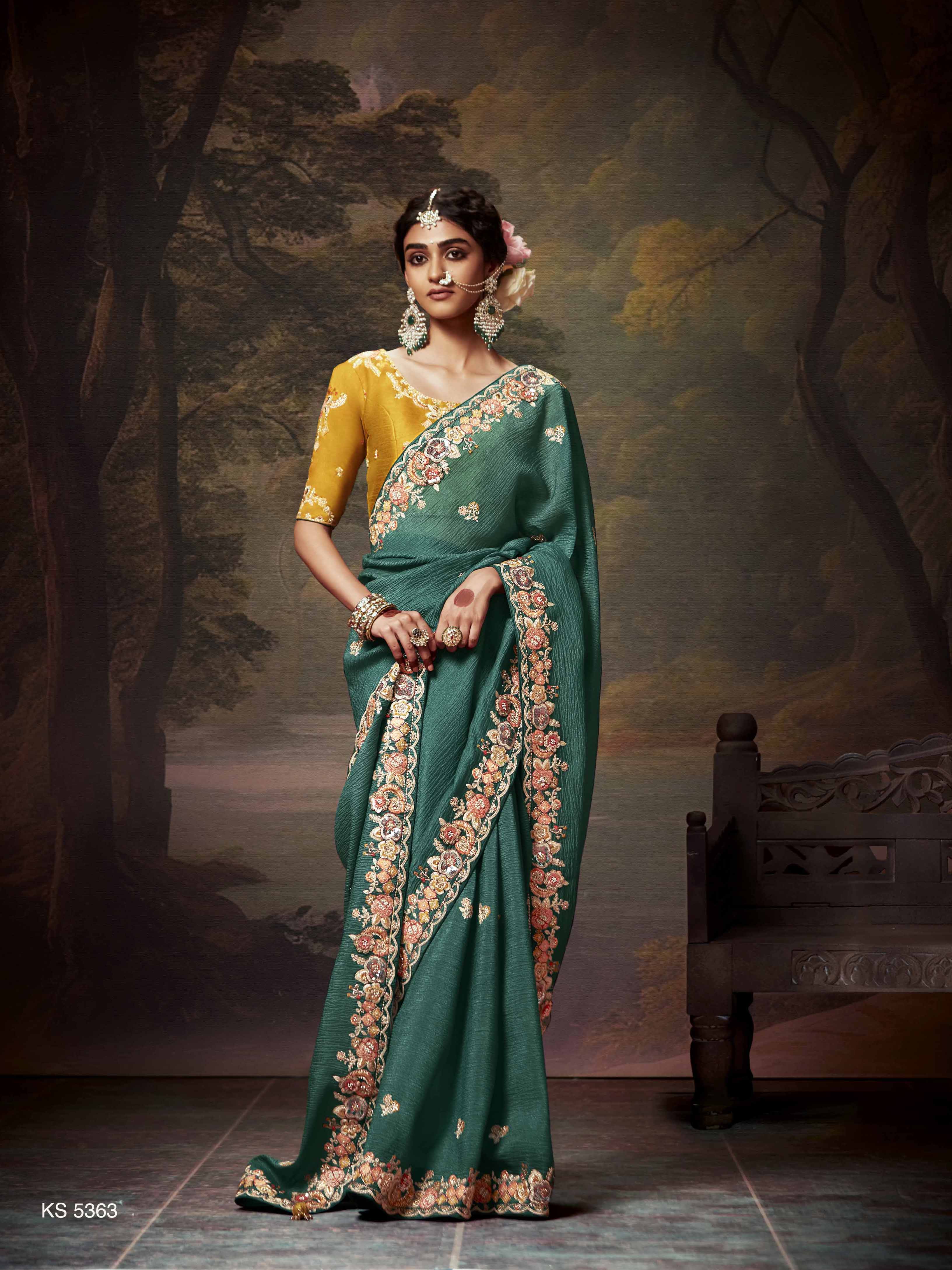 Dhiyona KM Women Teal Green Designer Organza Silk Saree With Yellow Contrast Blouse