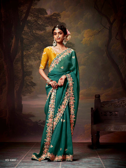 Dhiyona KM Women Teal Green Designer Organza Silk Saree With Yellow Contrast Blouse