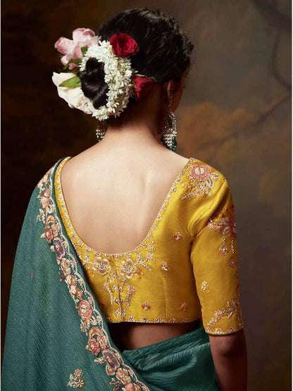 Dhiyona KM Women Teal Green Designer Organza Silk Saree With Yellow Contrast Blouse