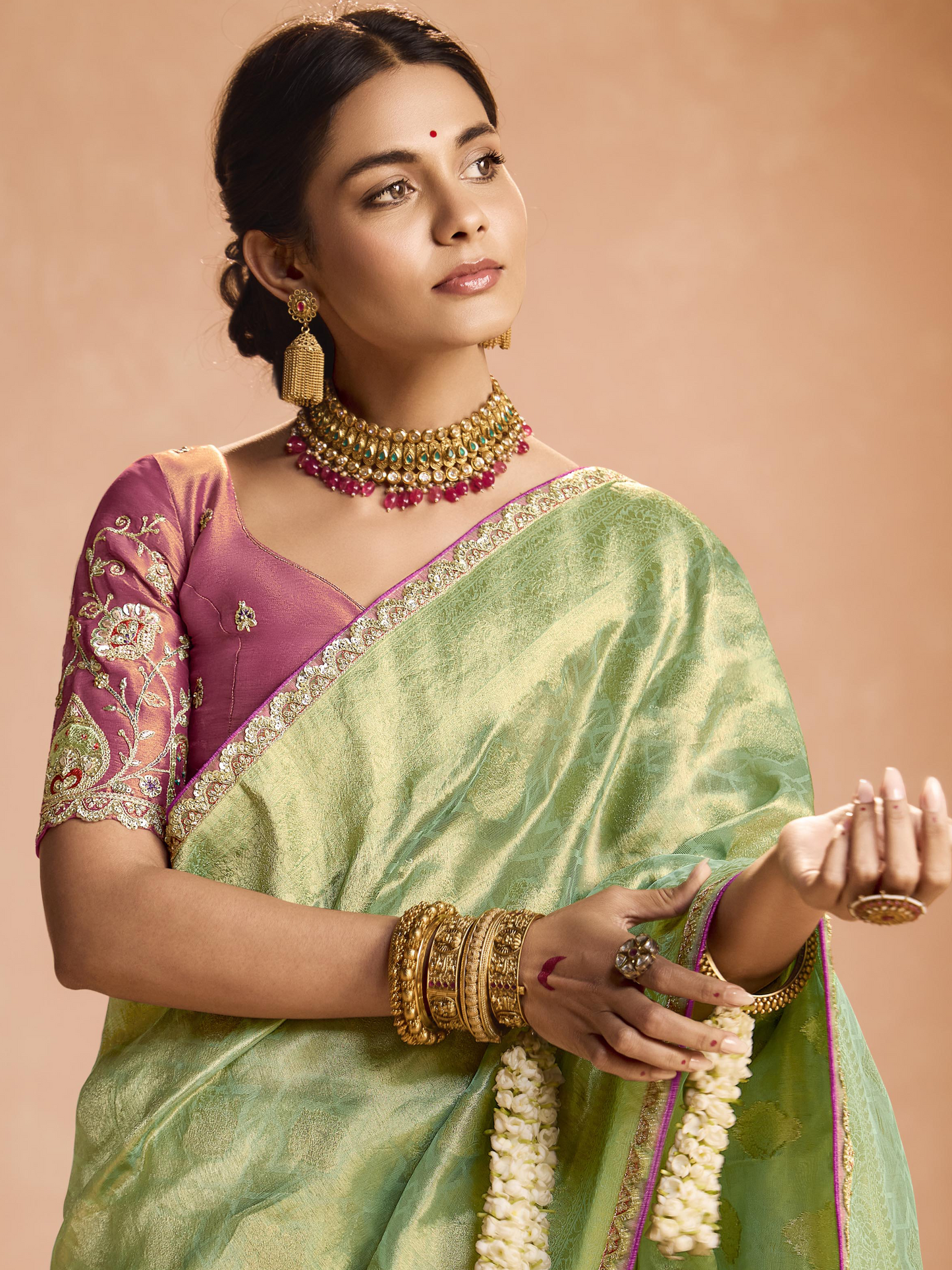 Dhiyona KM Women Mint Green Kanjivaram Silk Saree With Wine Embroidered Blouse “ Perfect For Weddings & Festive Wear