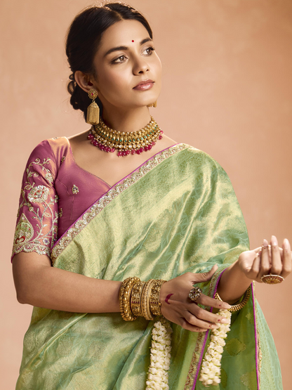 Dhiyona KM Women Mint Green Kanjivaram Silk Saree With Wine Embroidered Blouse “ Perfect For Weddings & Festive Wear