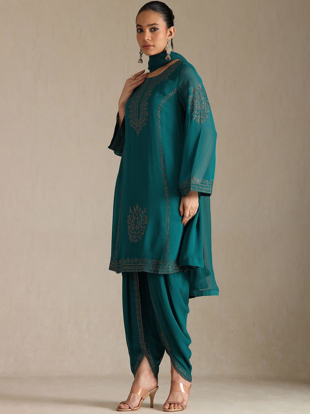 Dhiyona SO Women's Floral Embroidered Beads And Stones Georgette A-line Kurta With Pyjamas And Dupatta