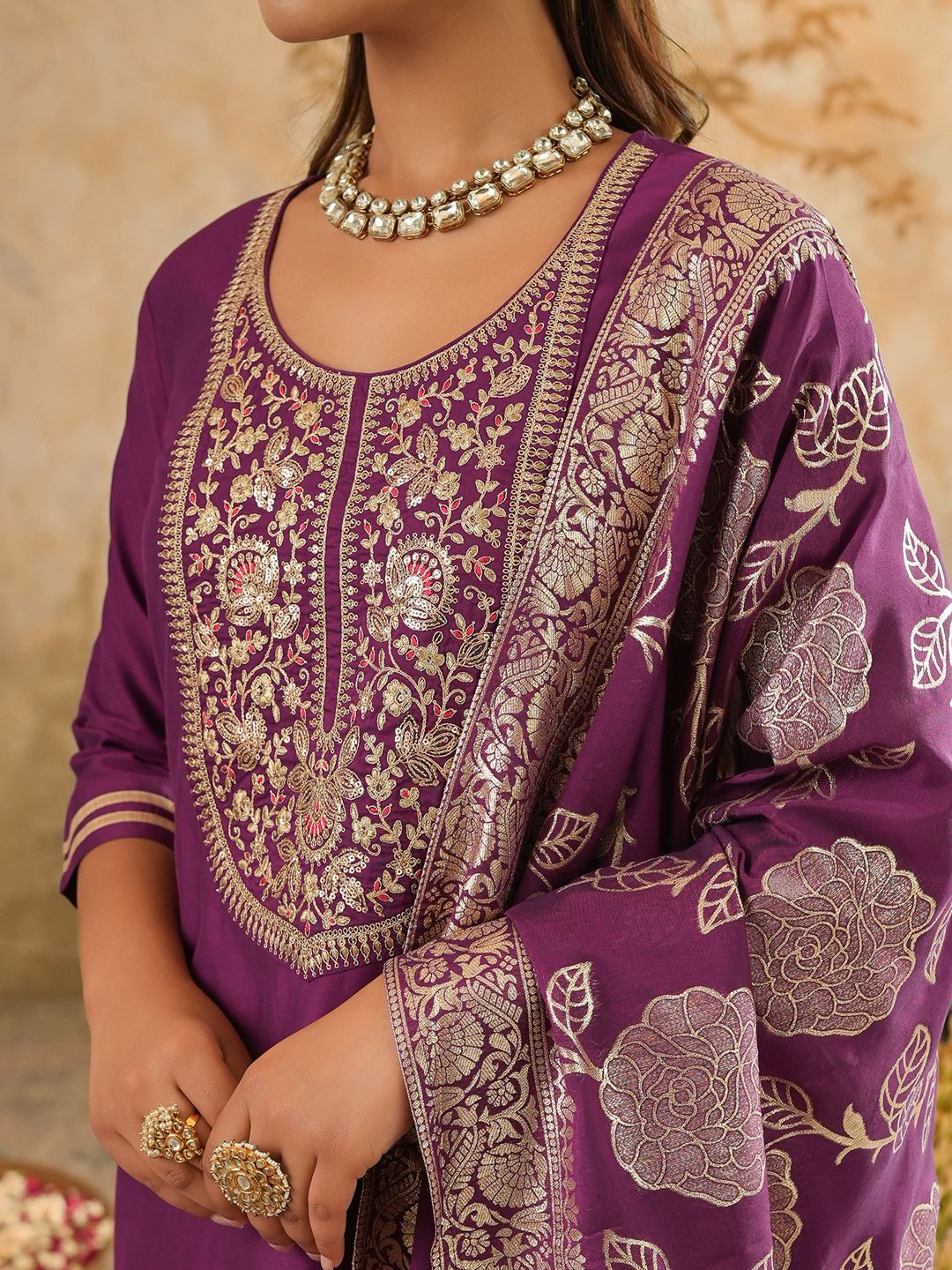 Ethnic Motifs Embroidered Sequinned Kurta With Trousers & Dupatta