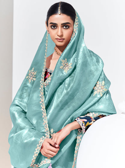 Dhiyona KM Women Aqua Blue Tissue Glass Silk Saree