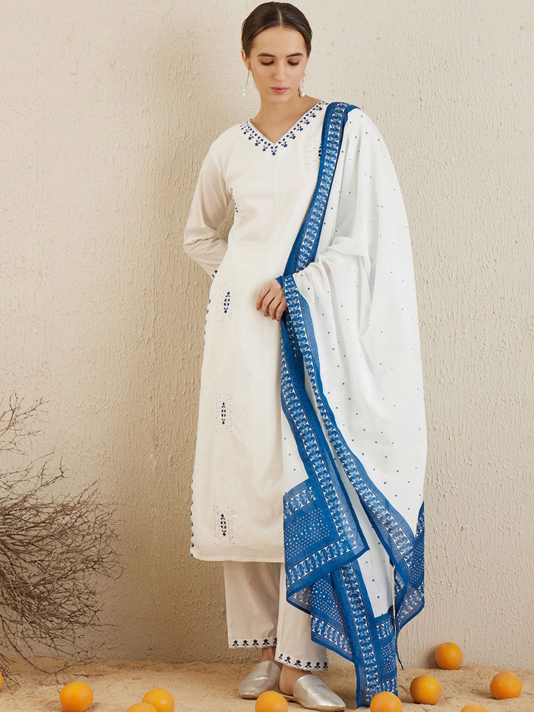 Dhiyona IE Ethnic Motifs Embroidered Thread Work Pure Cotton Kurta with Trousers & Dupatta