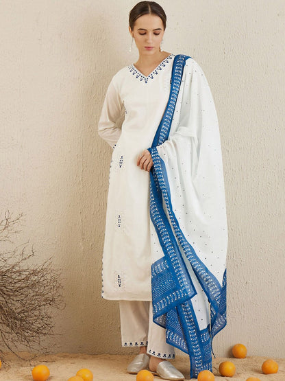 Dhiyona IE Ethnic Motifs Embroidered Thread Work Pure Cotton Kurta with Trousers & Dupatta