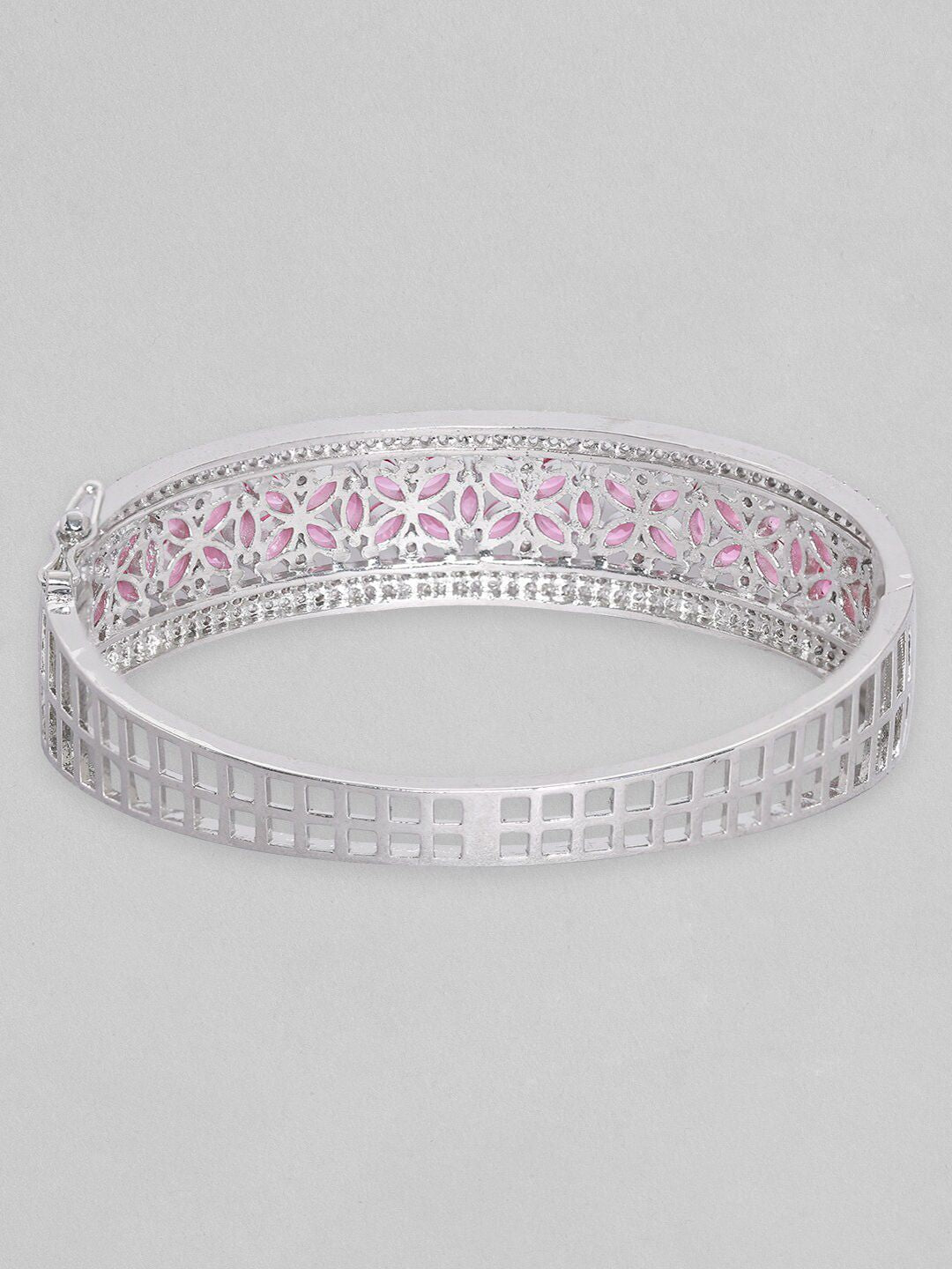 Dhiyona RJ Women's Silver-Plated Ruby Pink & Cubic Zicronia Studded Bangle-Style Bracelet