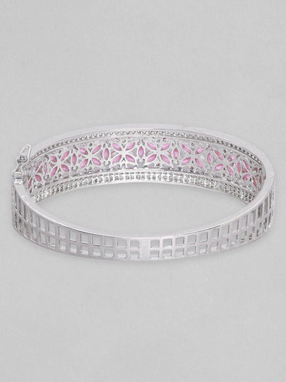 Dhiyona RJ Women's Silver-Plated Ruby Pink & Cubic Zicronia Studded Bangle-Style Bracelet