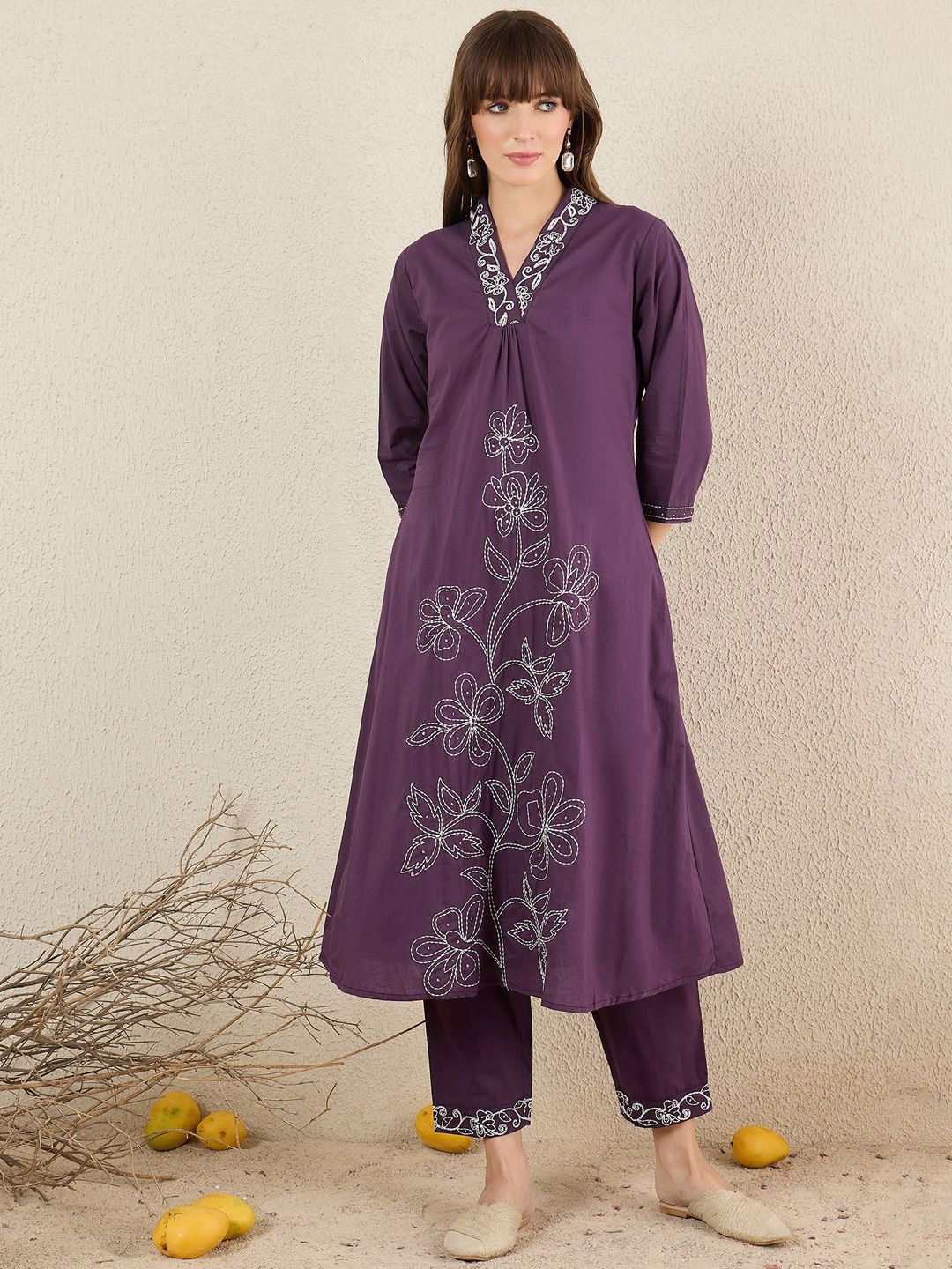 Dhiyona IE Women Solid Embroidered Cotton Kurta with Trousers & Dupatta