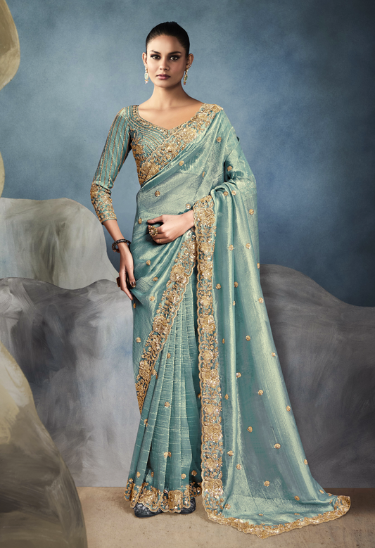 Dhiyona KM Women Sea Green Tissue Embroidered Fancy Heavy Border Saree