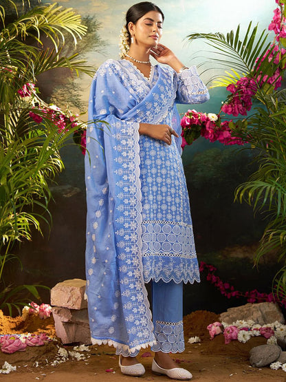 Women Ethnic Motifs Embroidered Cotton Kurta with Trousers & Dupatta