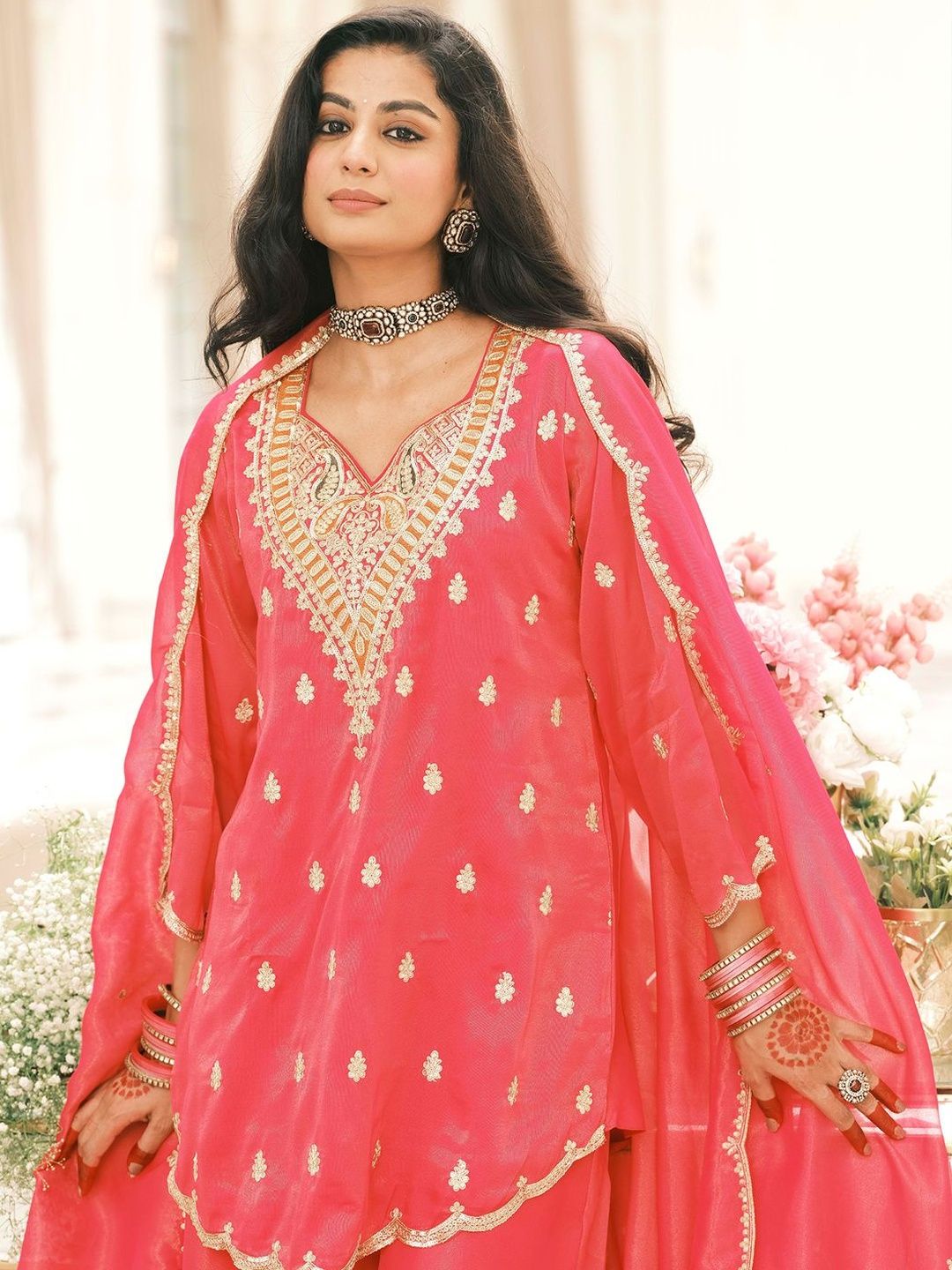 Ethnic Motifs Embroidered V-Neck Thread Work Kurta With Palazzos & Dupatta