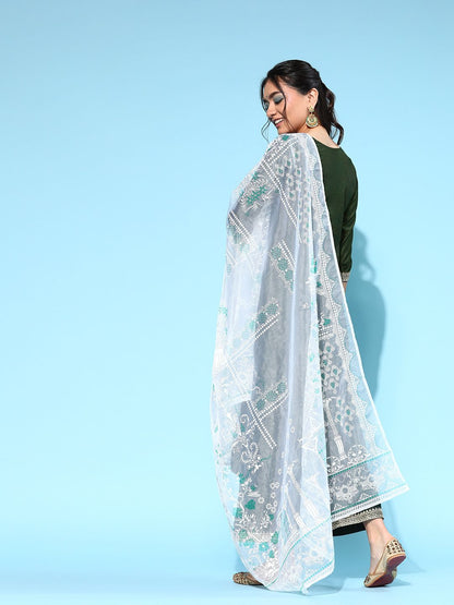 Women Green Embroidered Regular Sequinned Liva Kurta with Palazzos & With Dupatta