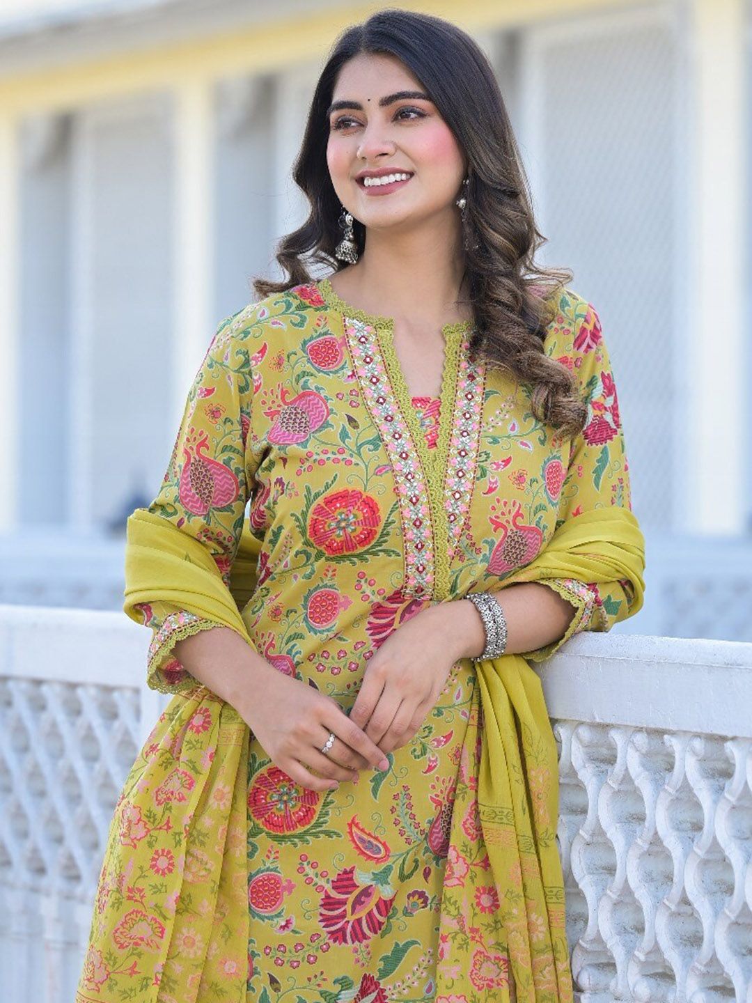 Dhiyona VA Women'sYellow Printed Mirror Work Pure Cotton Straight Kurta With Trousers & Dupatta