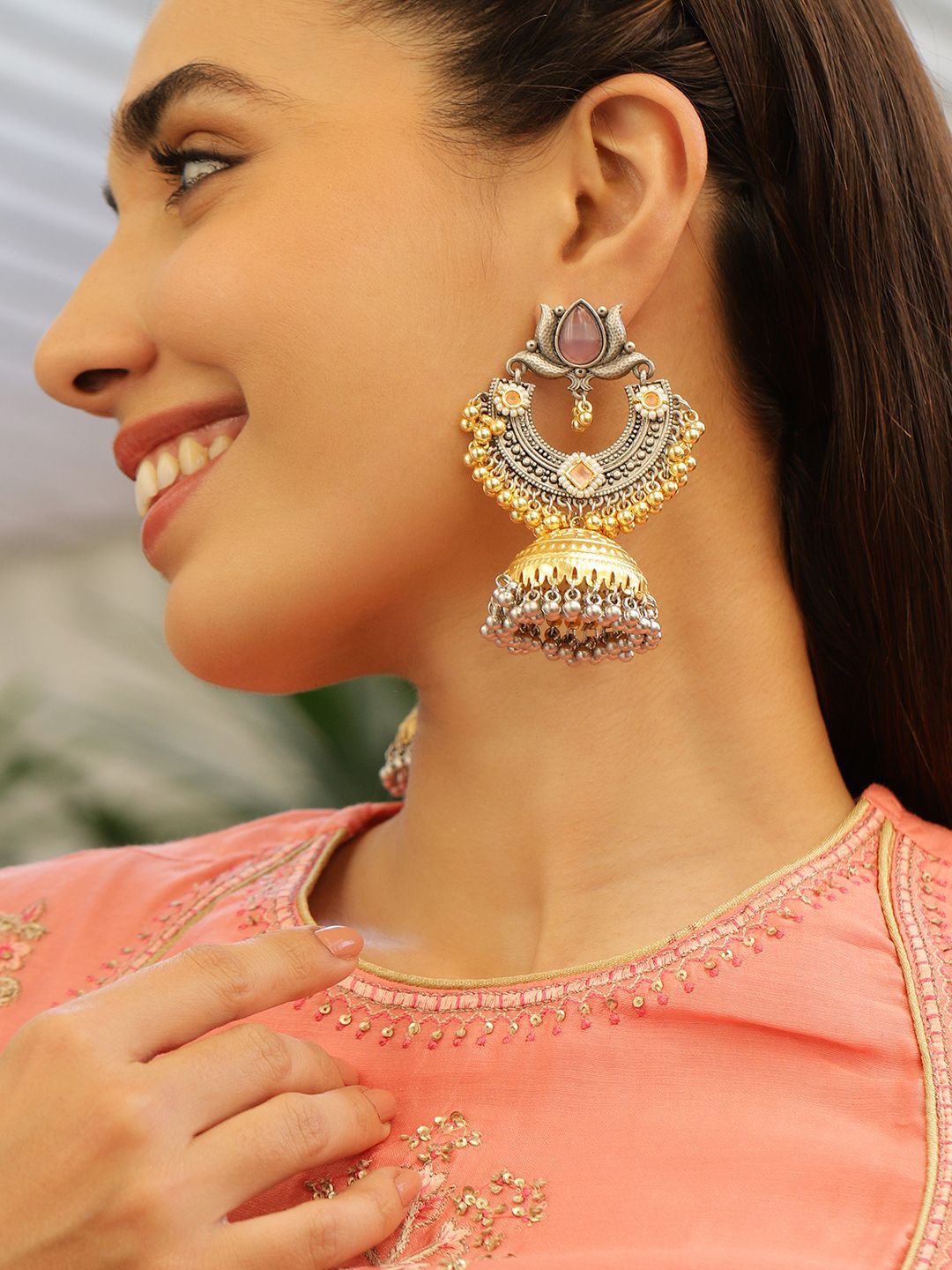 Dhiyona RJ Women's Silver & Gold Dual-Plated Oxidised Long Lotus Motif Pink Stone Jhumka Earrings