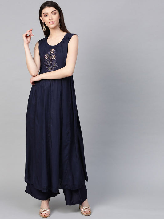 Dhiyona IS Women's Women Navy Blue Printed Kurta with Palazzos