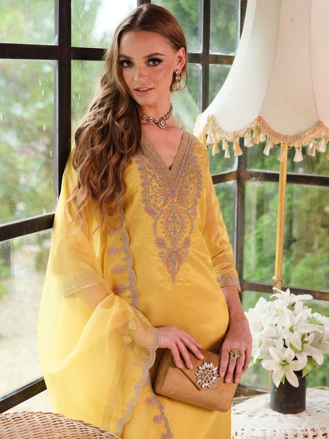 Dhiyona IE Floral Yoke Design Sequnnied Straight Kurta With Trousers & Dupatta
