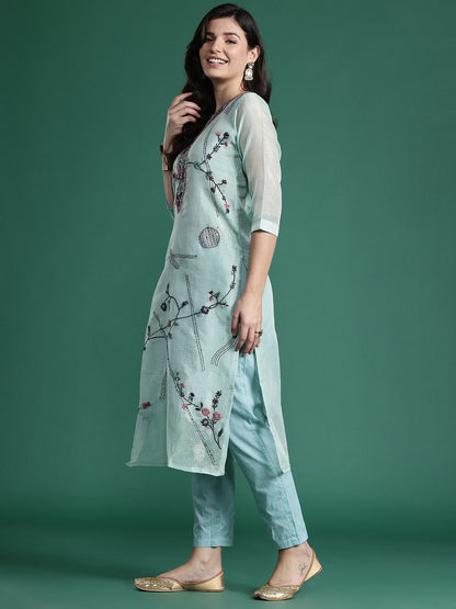 Dhiyona IE Floral Embroidered Thread Work Pure Cotton Kurta with Trousers & With Dupatta