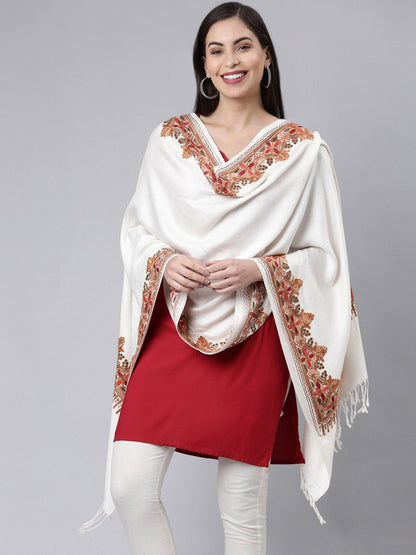 Dhiyona PA Women White Aari Embroidered Kashmiri Shawl