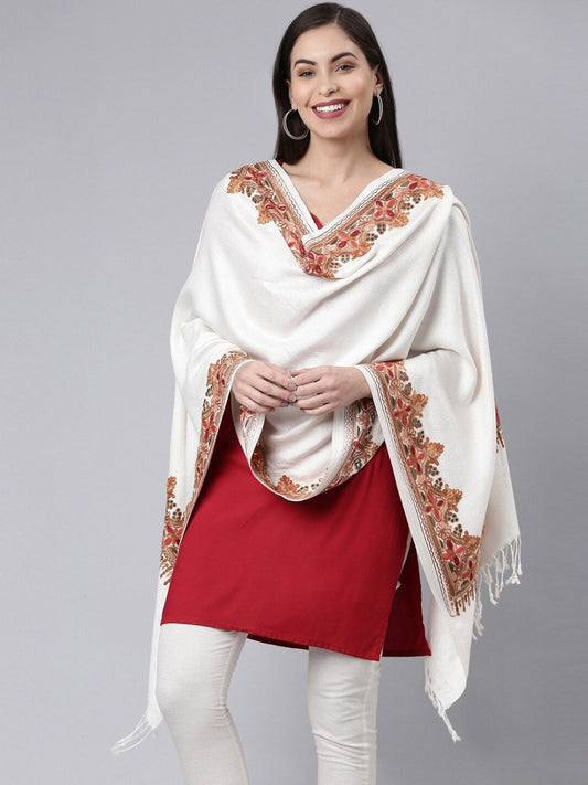 Dhiyona PA Women White Aari Embroidered Kashmiri Shawl