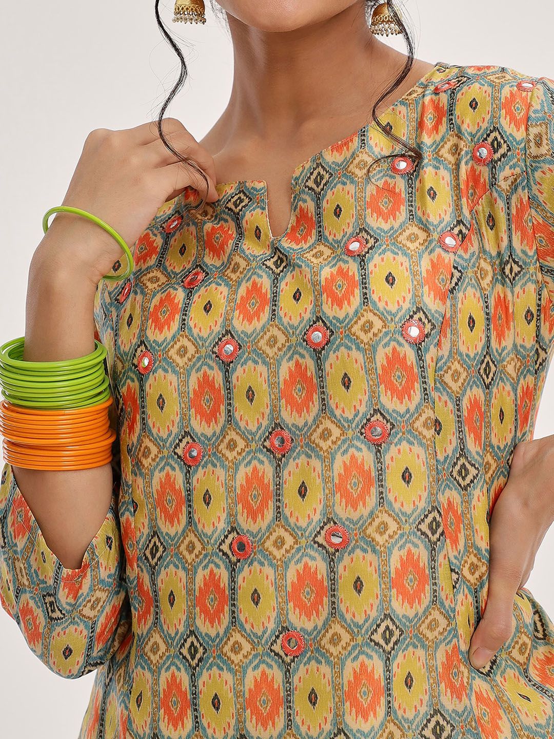Dhiyona VA Women'sLime Green Ethnic Motifs Printed Mirror Work A-Line Kurta & Trousers With Dupatta