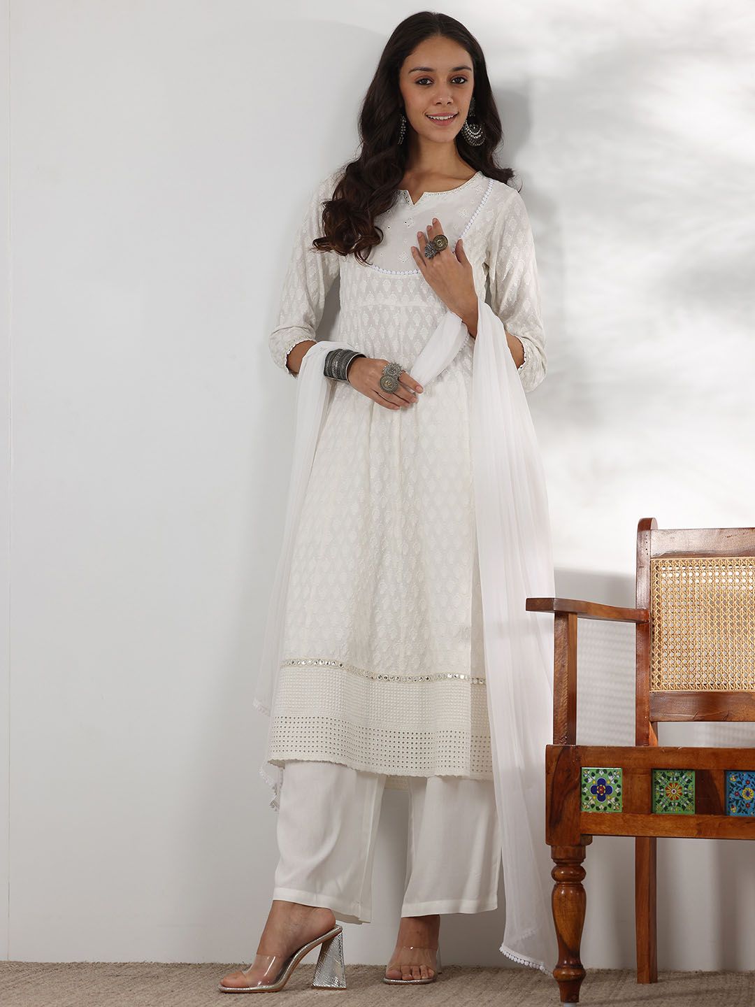 Dhiyona LB Women's Embroidered Mirror Work Pure Cotton Anarkali Kurta With Palazzo & Dupatta
