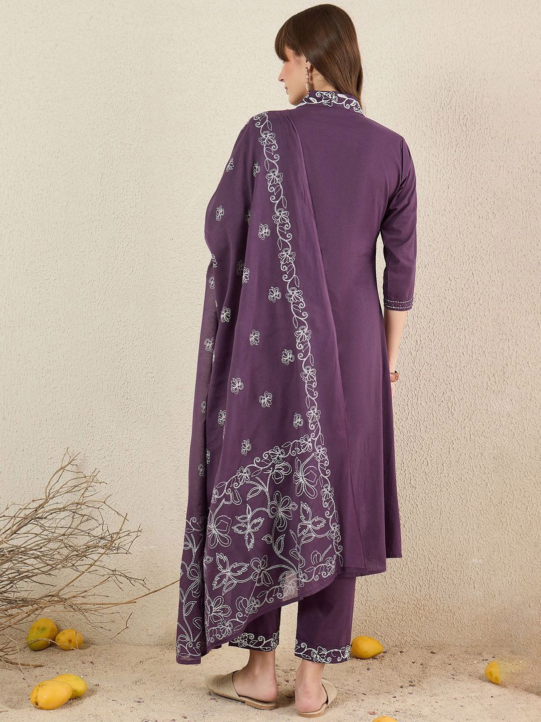 Dhiyona IE Women Solid Embroidered Cotton Kurta with Trousers & Dupatta