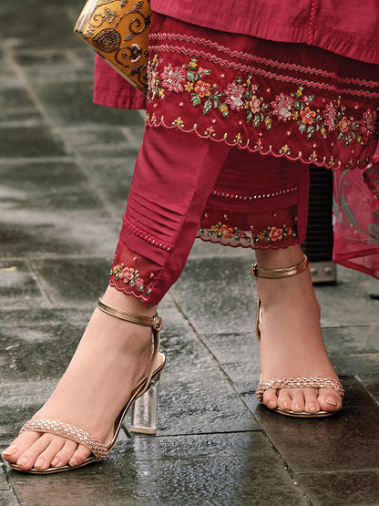 Dhiyona IE Floral Embroidered Panelled Thread Work A-Line Kurta With Trousers & Dupatta