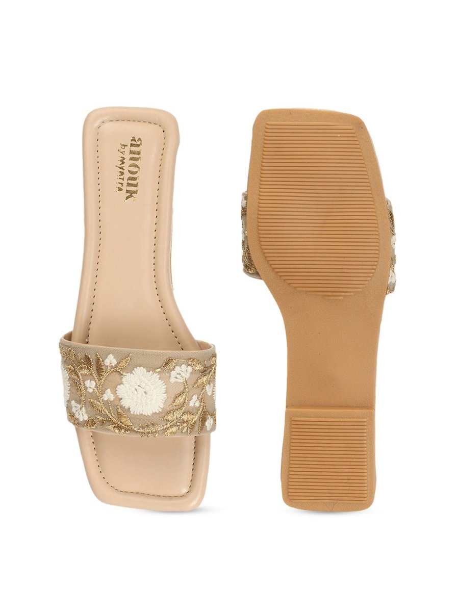 Dhiyona AK Beige Floral Embroidered Open Toe Flats