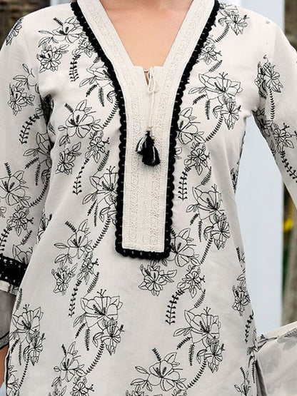 Floral Embroidered Regular Thread Work Pure Cotton Kurta & Trousers With Dupatta