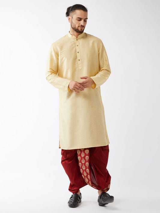 Men's Gold Silk Blend Straight Kurta and Dhoti Set