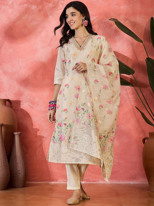 Dhiyona SN Women's Floral Printed Straight Kurta With Trouser & Dupatta