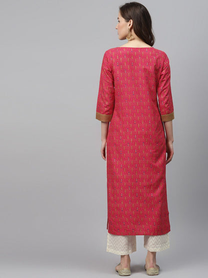 Dhiyona IE Women Pink & Peach-Coloured Foil Print Straight Kurta