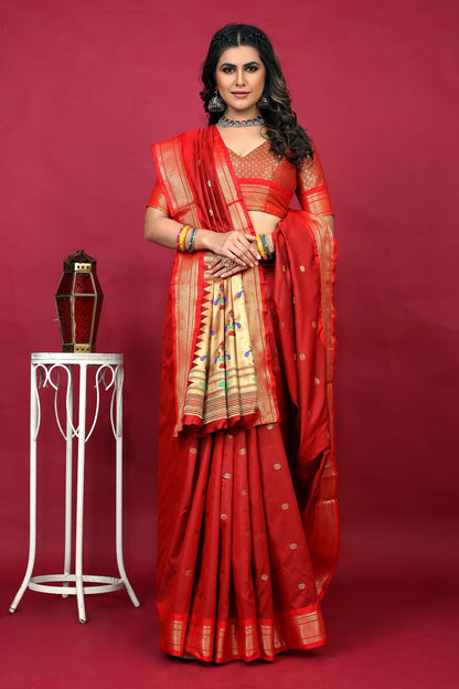 Dhiyona GR Women's Anarkali Red Zari Paithani Silk Saree