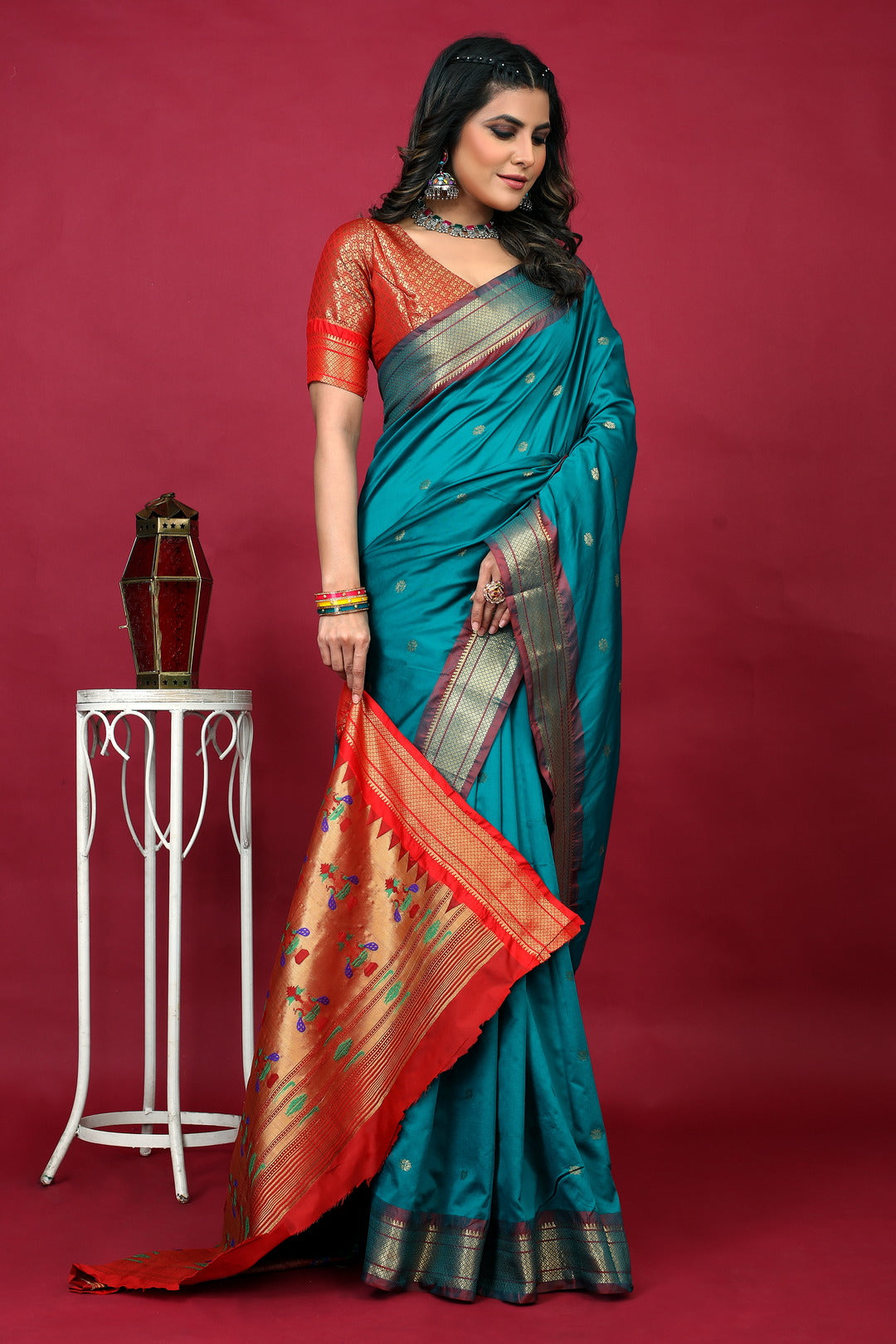 Dhiyona GR Women's Anarkali Cyan Blue Zari Paithani Silk Saree