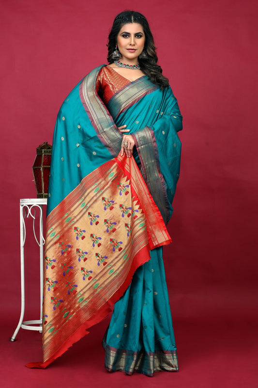 Dhiyona GR Women's Anarkali Cyan Blue Zari Paithani Silk Saree