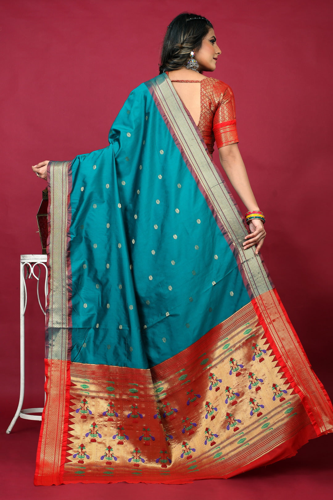 Dhiyona GR Women's Anarkali Cyan Blue Zari Paithani Silk Saree