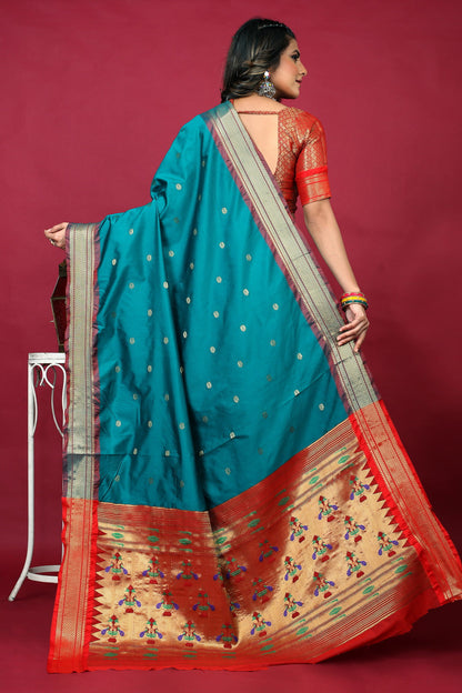 Dhiyona GR Women's Anarkali Cyan Blue Zari Paithani Silk Saree