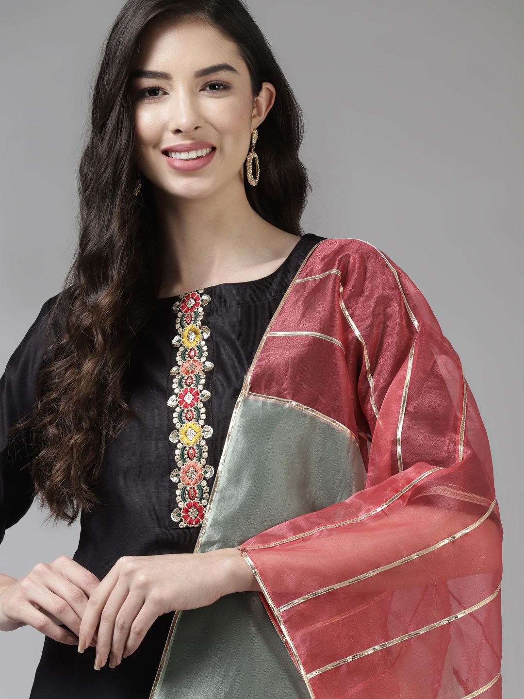 Dhiyona IE Women Black & Pink Floral Embroidered Kurta with Palazzos & With Dupatta
