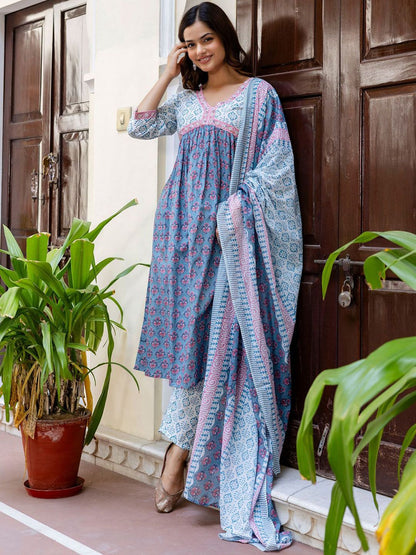Floral Printed Empire Pure Cotton A-Line Kurta With Trousers & Dupatta