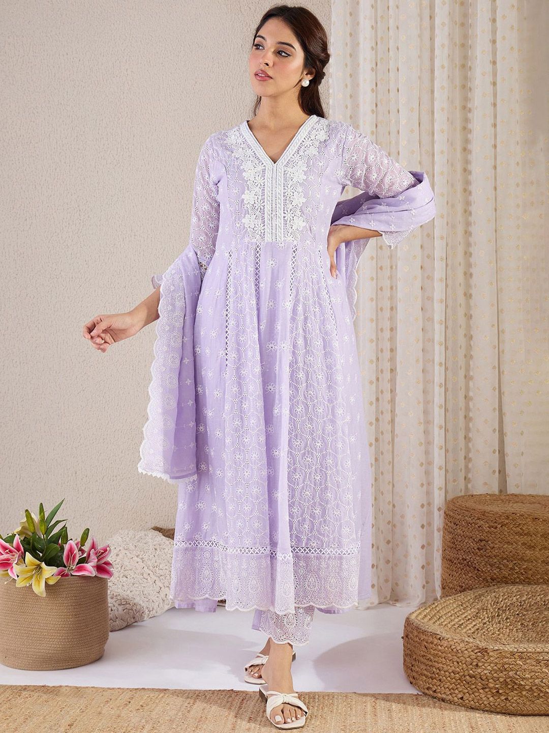 Women Floral Embroidered Cotton Kurta with Trousers & Dupatta