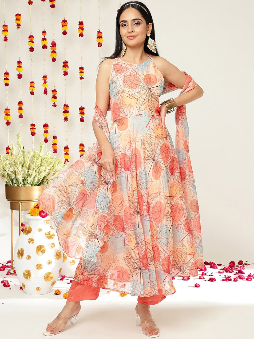 Dhiyona VA Women'sFloral Printed Halter Neck Anarkali Kurta & Trousers With Dupatta