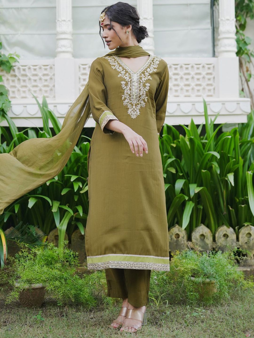 Floral Embroidered Kurta with Trousers & Dupatta
