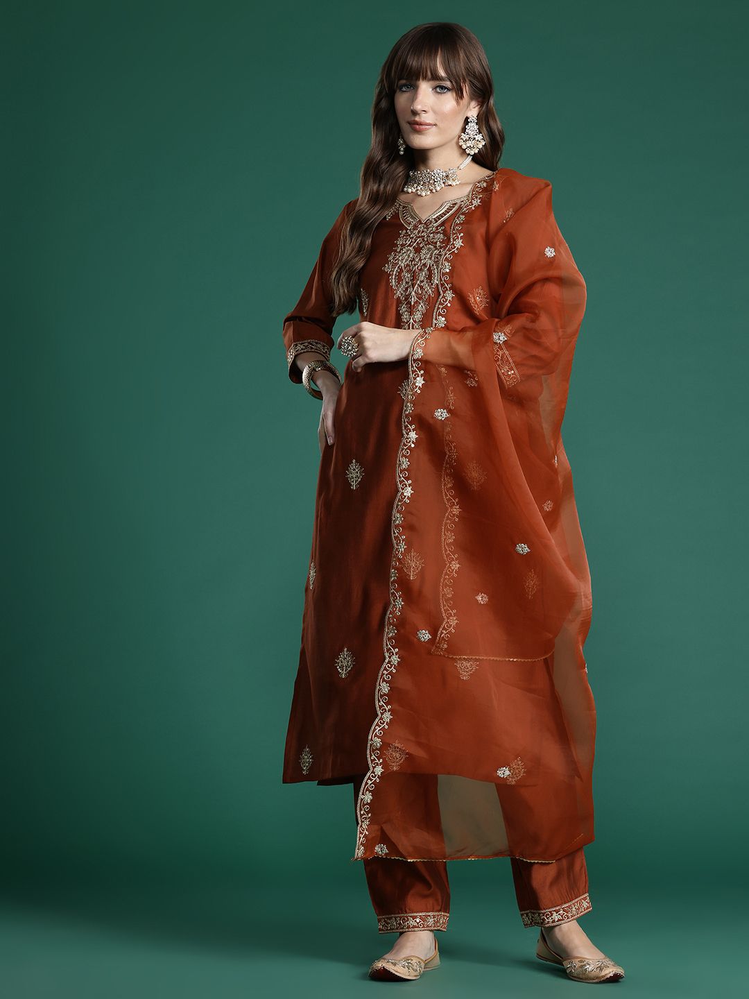 Floral Embroidered Liva Kurta with Trousers & With Dupatta