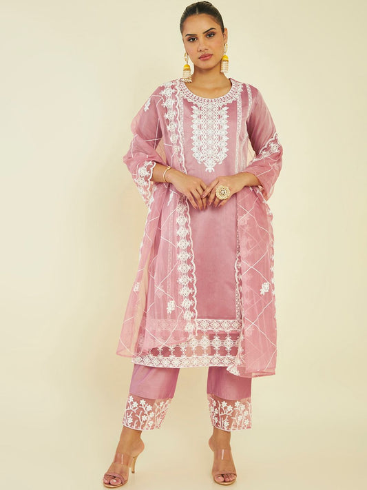 Dhiyona SO Women's Ethnic Motifs Embroidered Panelled Chanderi Silk Kurta with Palazzos & Dupatta