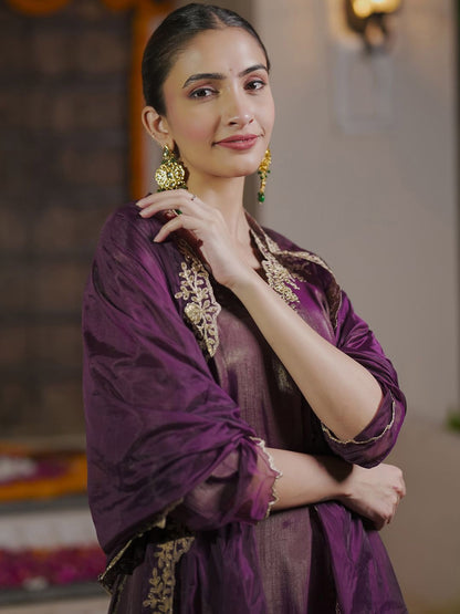 Dhiyona IE Women Ethnic Motifs Embroidered Regular Liva Kurta with Trousers & With Dupatta