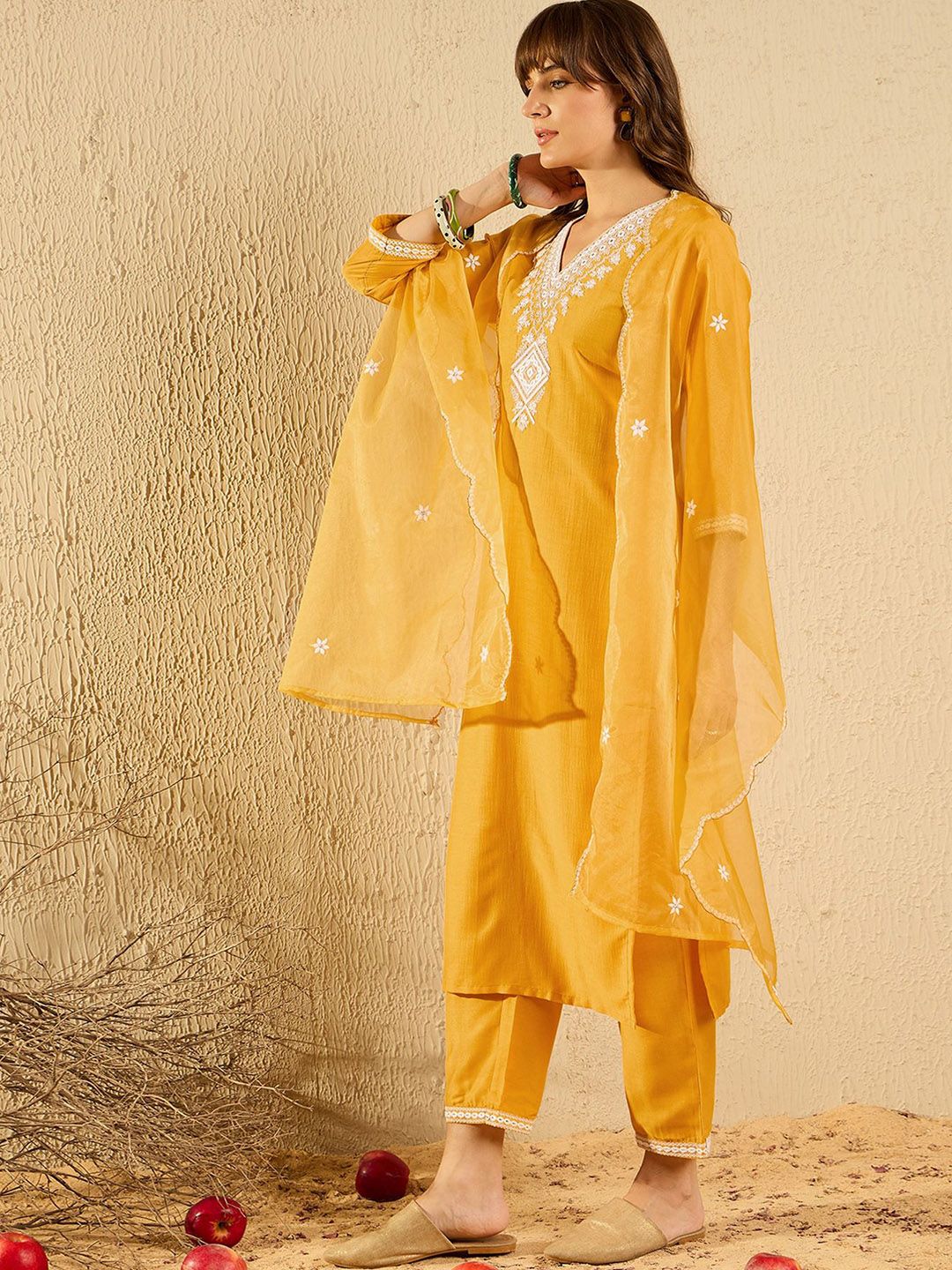 Dhiyona IE Floral Yoke Design V-Neck Straight Kurta With Trousers & Dupatta