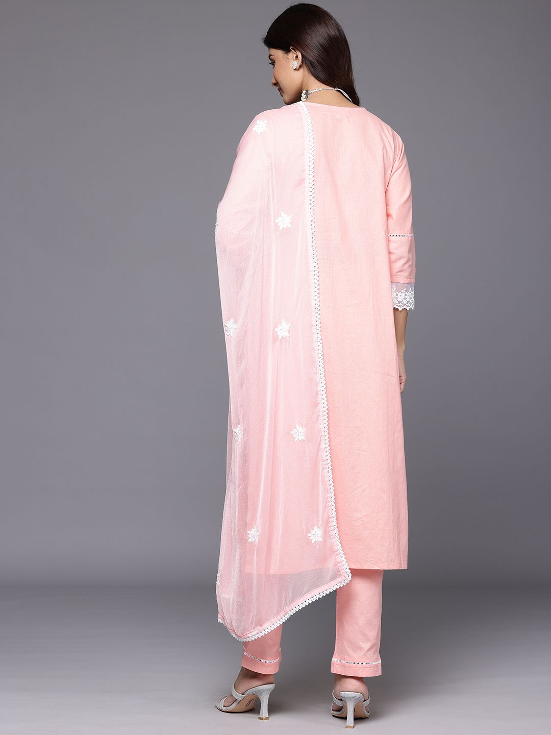 Dhiyona VA Women's Floral Embroidered Chikankari Pure Cotton Kurta with Trousers & Dupatta